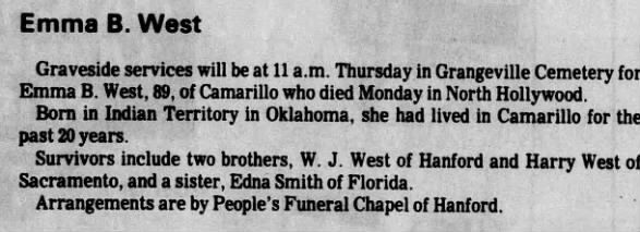 Obituary for Emma B. West (Aged 89)